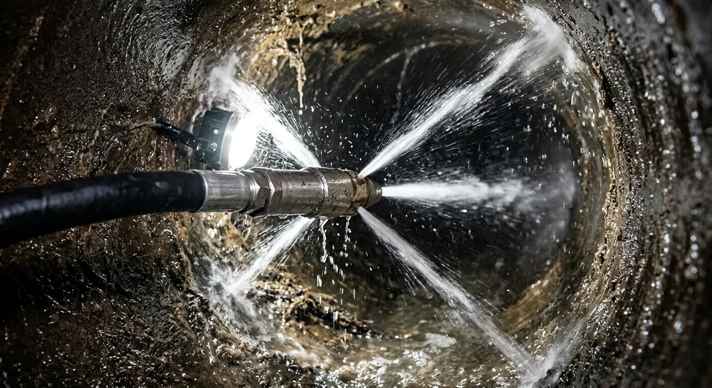 High-pressure hydro jetting nozzle cleaning sewer pipe for Sewer Cleanout in Rib Mountain