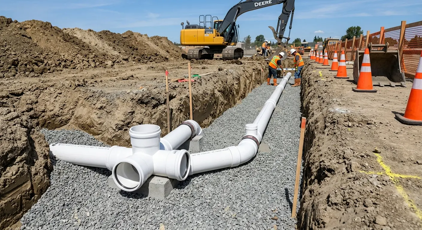 New PVC sewer pipe installation in open trench for Sewer Backup in Rib Mountain