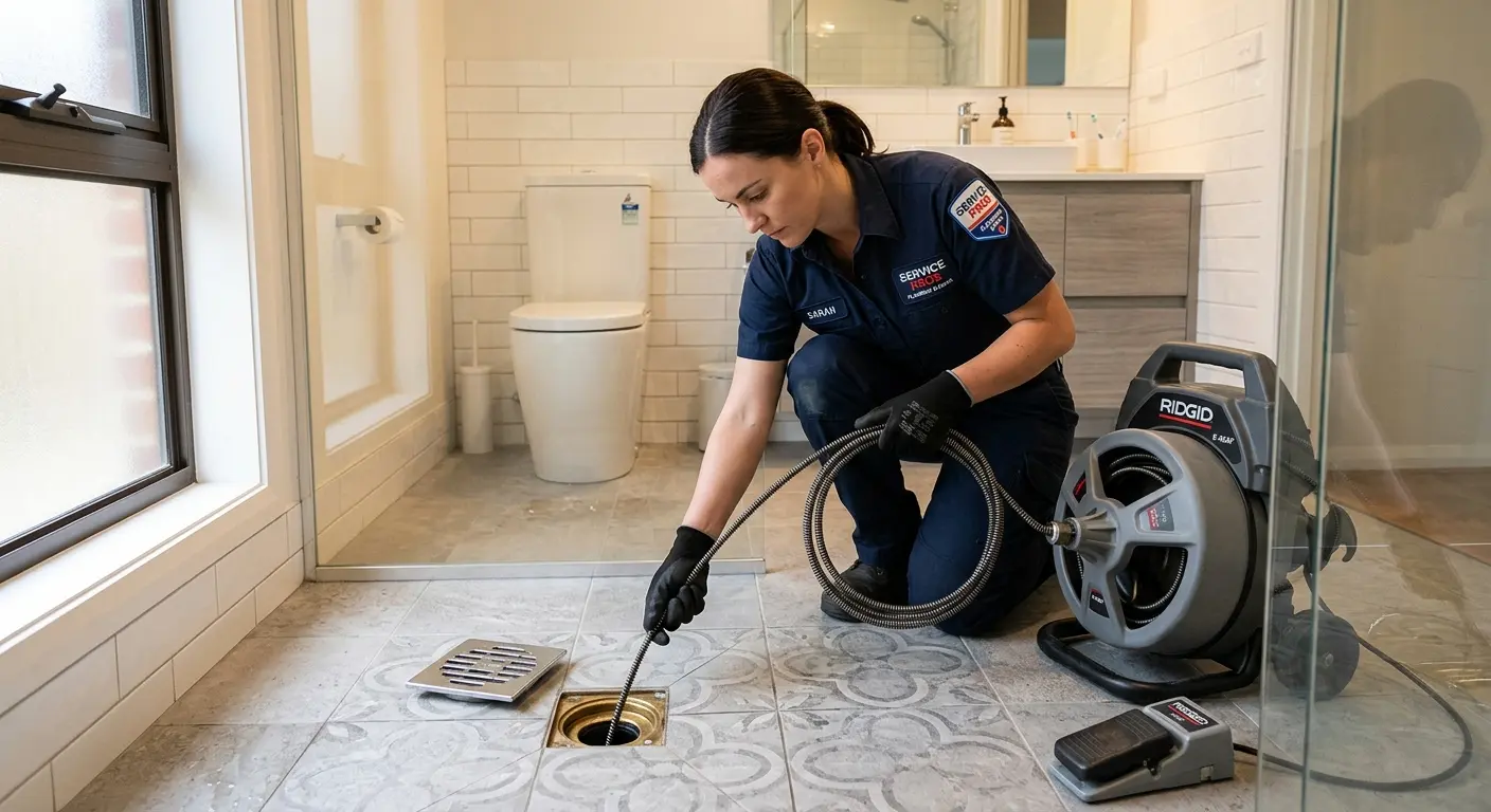 Technician clearing a bathroom floor drain for Drain Cleaning in Rib Mountain
